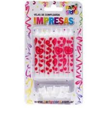 VELAS IMPRESAS BLANCAS C/ CORAZONES ROJOS Y MAGENTAS - Blister x 8 u