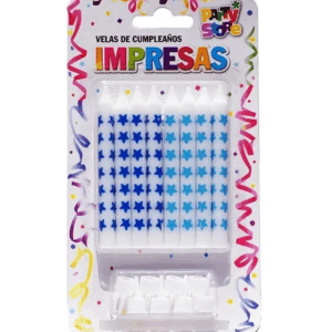VELAS IMPRESAS BLANCAS C/ ESTRELLAS AZULES Y CELESTES - Blister x 8u