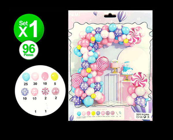 KIT DE GLOBOS CARAMELOS Y LUNARES 96 PIEZAS x1